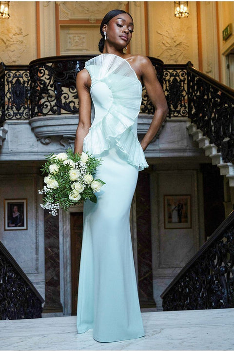 One Shoulder Pleated Fan Maxi Dress - Mint Green by Goddiva
