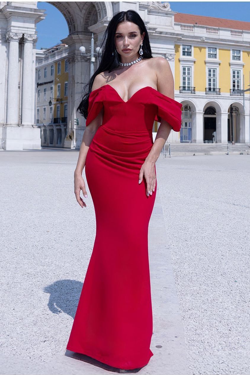 Off The Shoulder Draped Sleeve Maxi Dress - Red DR3259