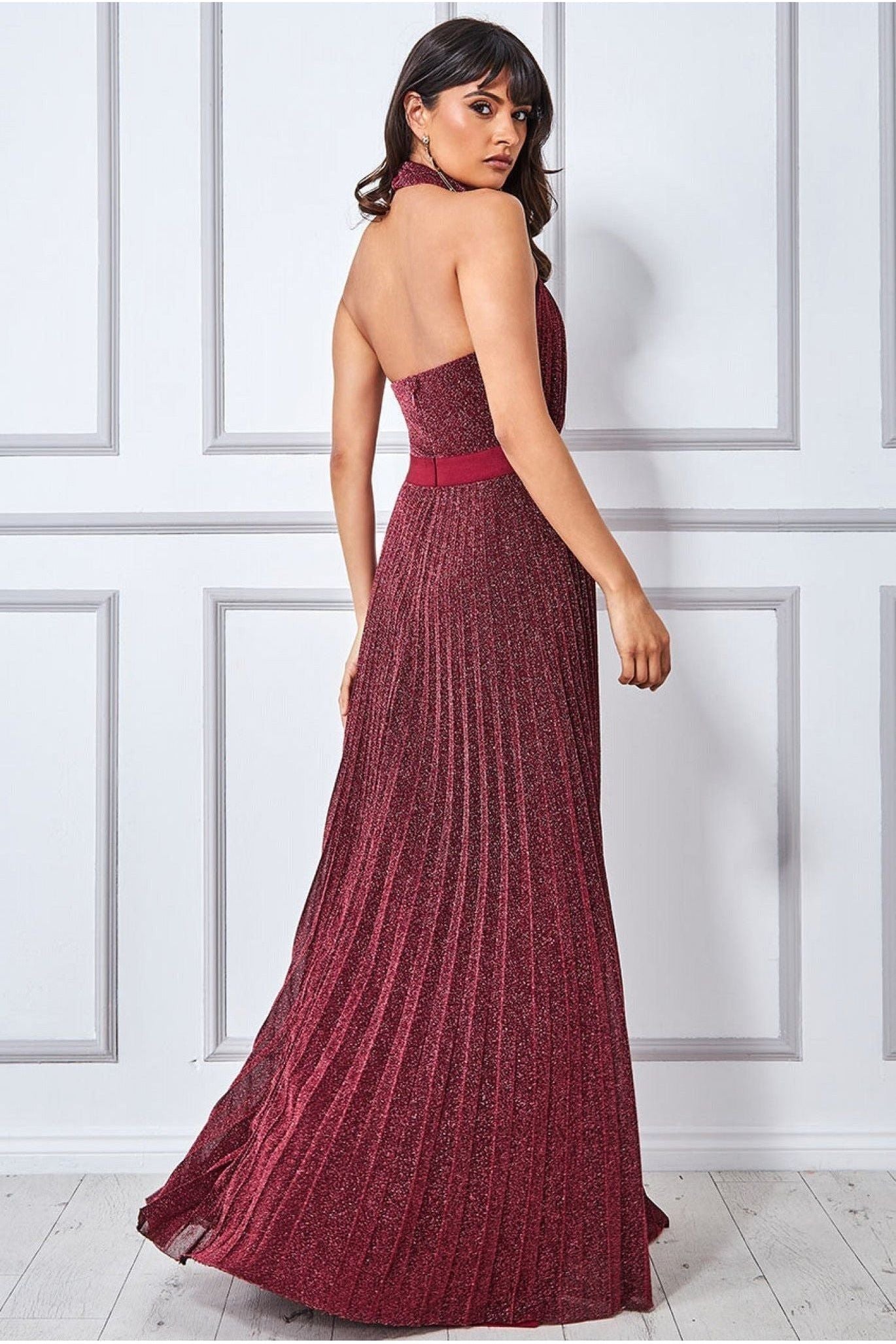 Lurex Halterneck Pleated Maxi Dress - Wine DR3429