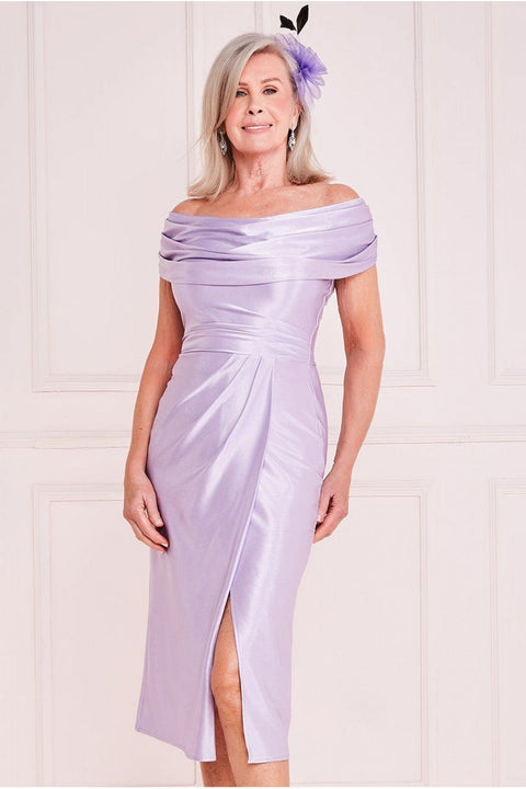 Satin Front Split Bardot Cowl Midi - Lilac by Goddiva