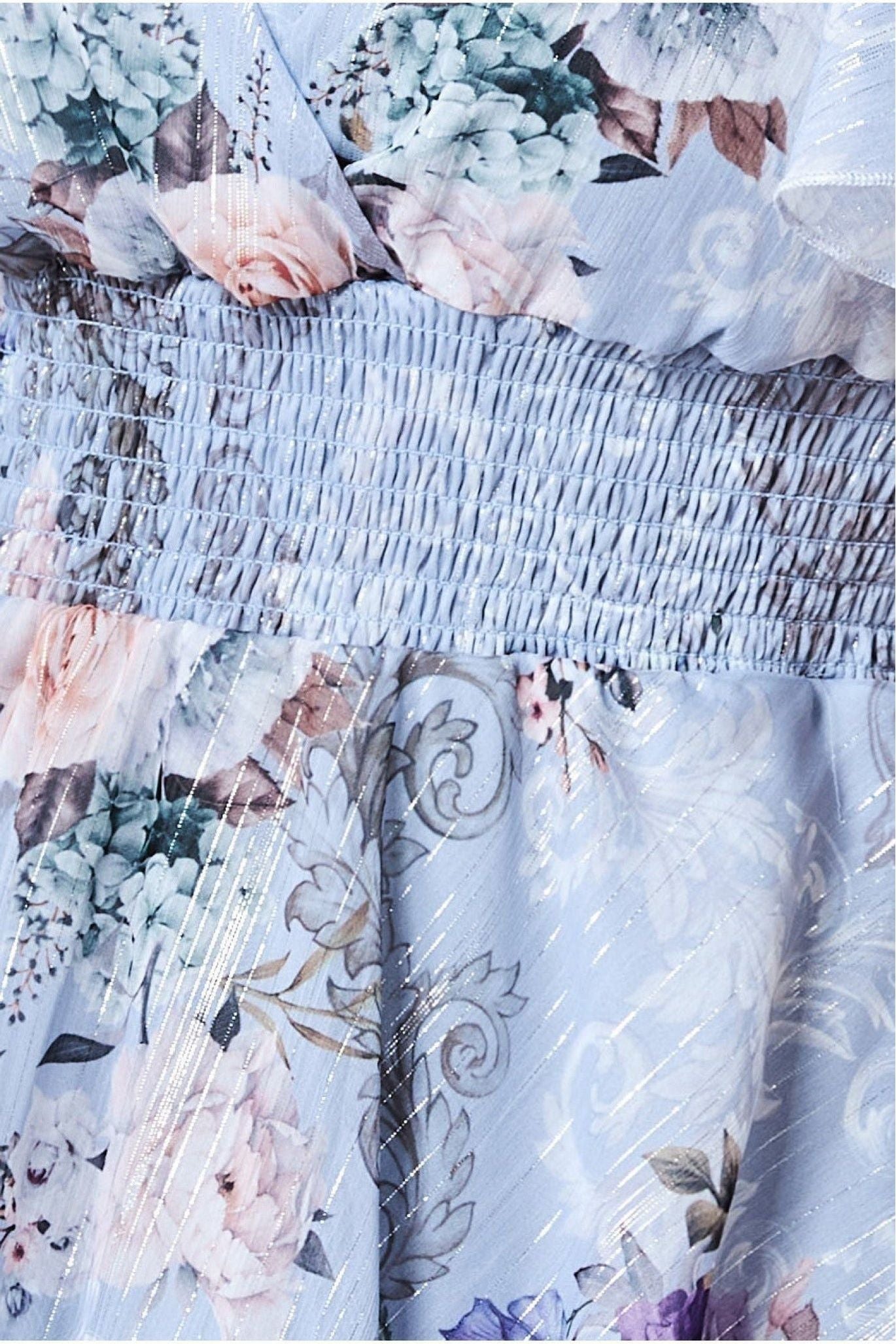 Layered Floral Midi Flutter Sleeves - Blue Floral DR3219