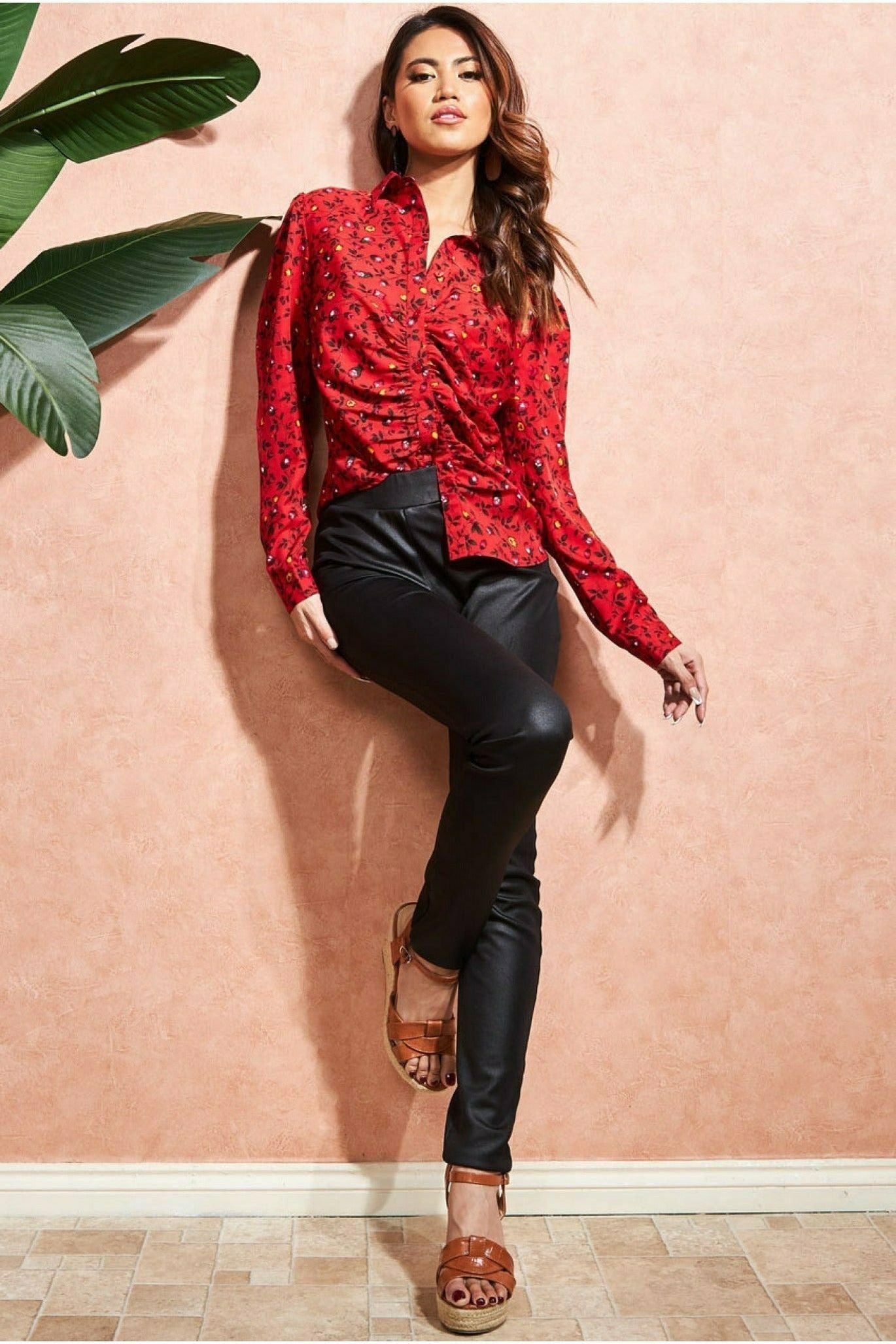Floral Print Shirt - Red T186
