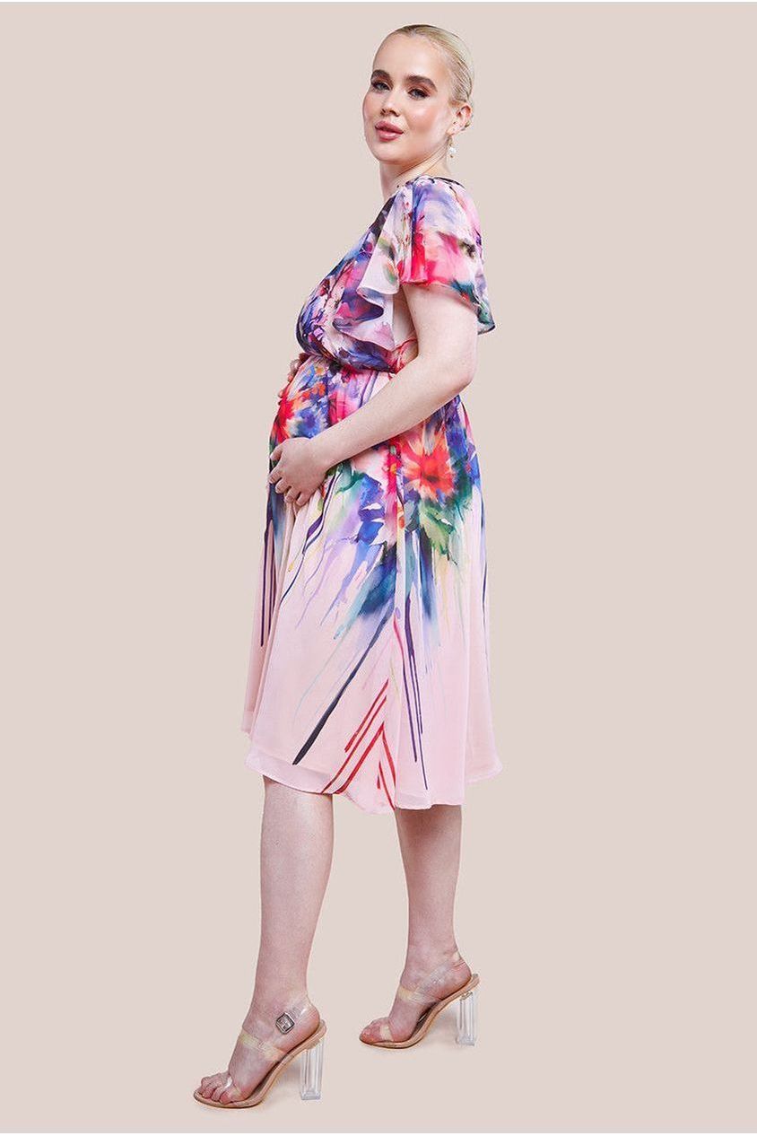 Maternity Flutter Sleeve Floral Bodice Midi Dress - Blush DR4330MAT