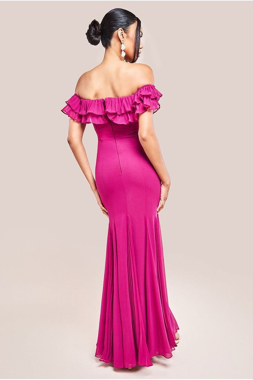Frilled Off The Shoulder Pleated Chiffon Maxi Dress - Magenta DR4273