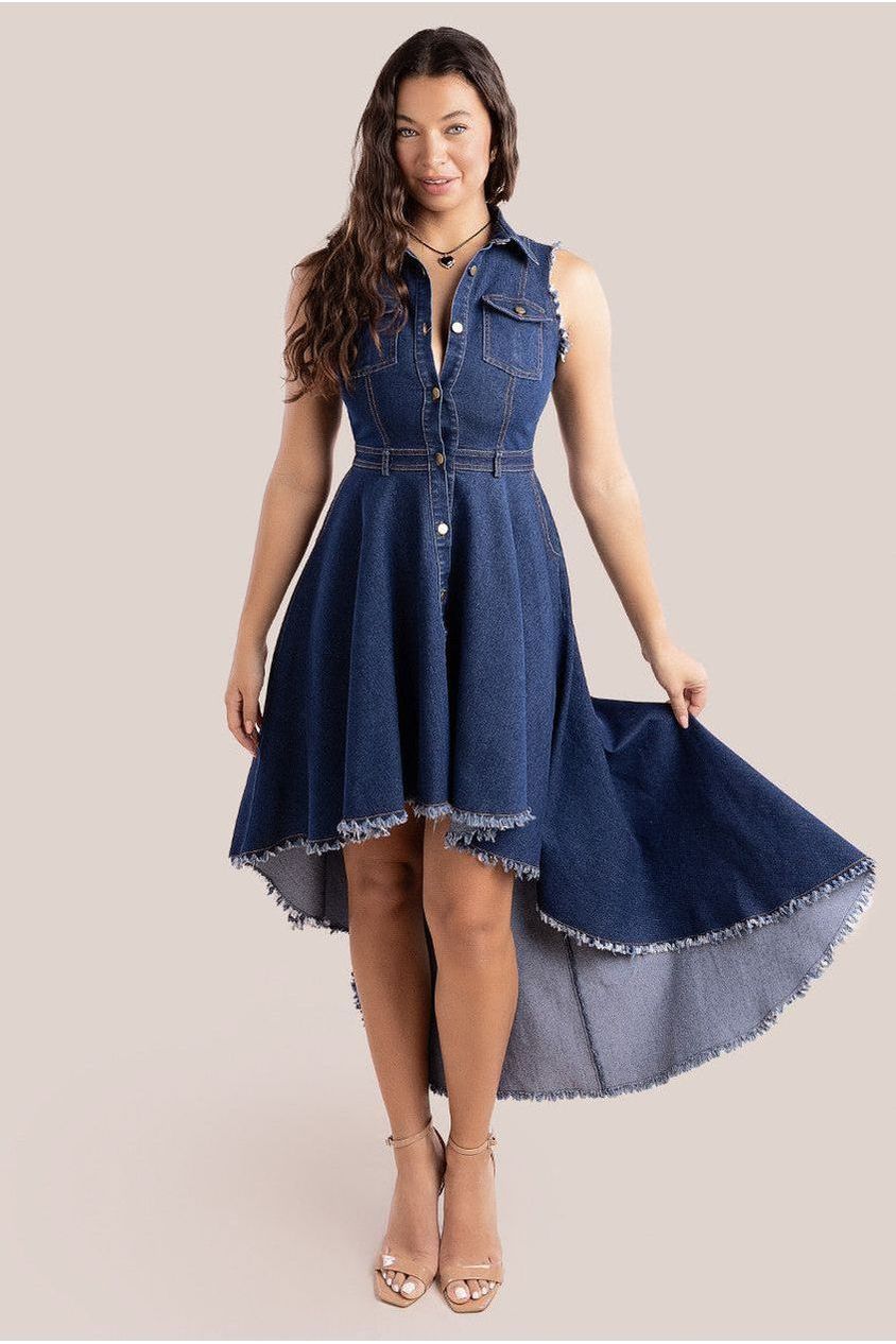 Denim Sleeveless High And Low Midaxi Dress - Navy Denim DR4131
