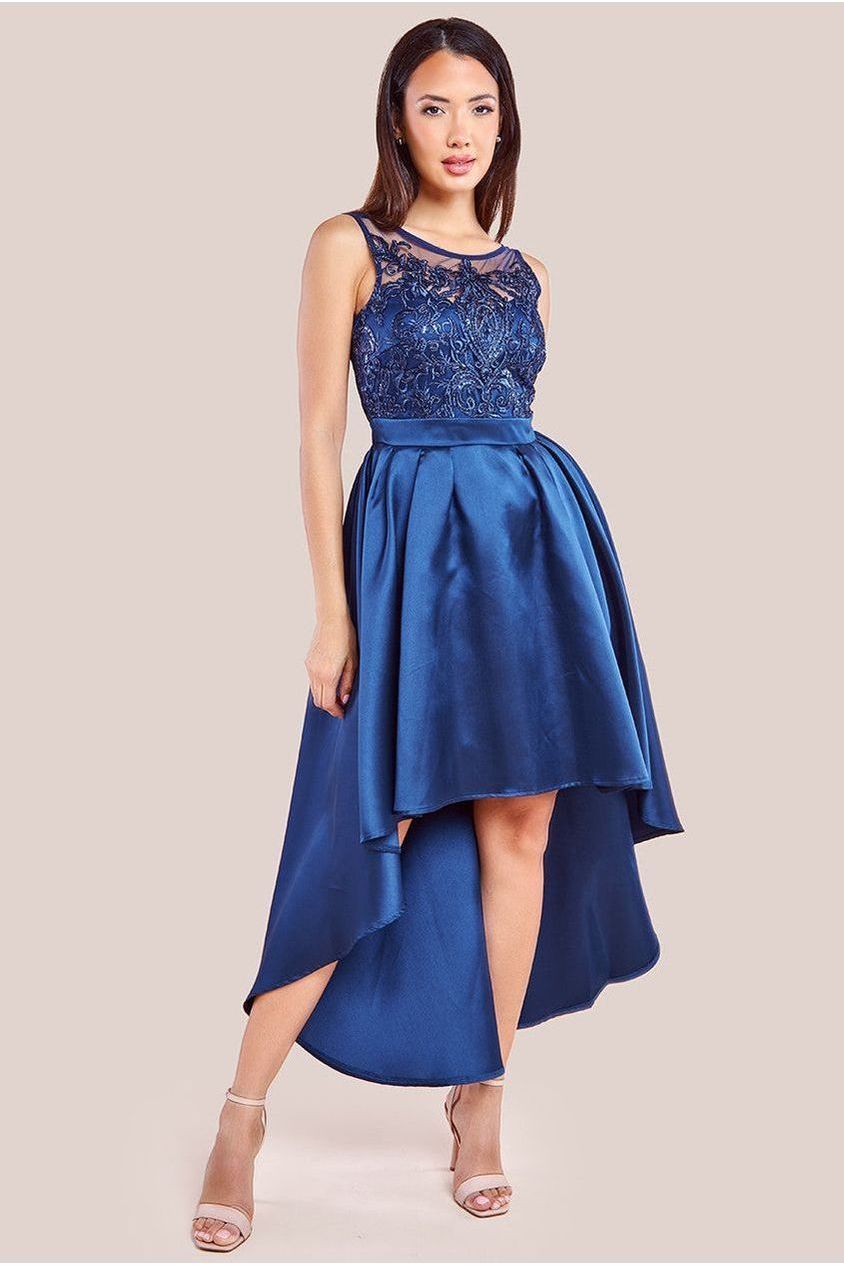 Sequin & Satin Dipped Hem Midi Dress - Navy DR3621