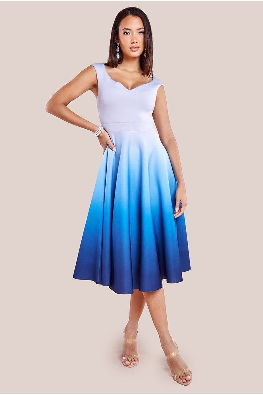 Ombre Scuba Foam Bardot A-Line Midi Dress - Light Blue DR4283QZ