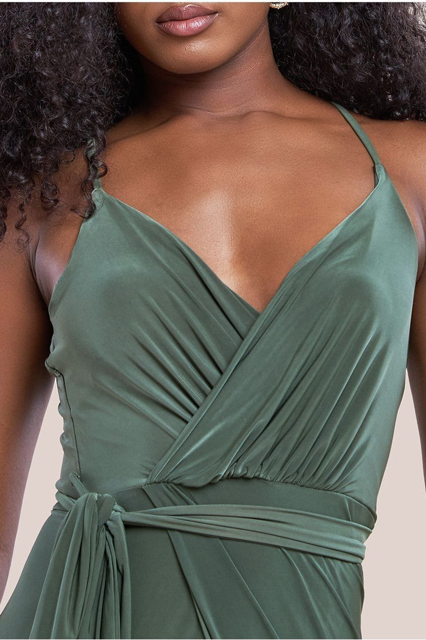 Wrap Front Maxi Slip Dress With Waist Tie-Up - Olive Green DR2250C