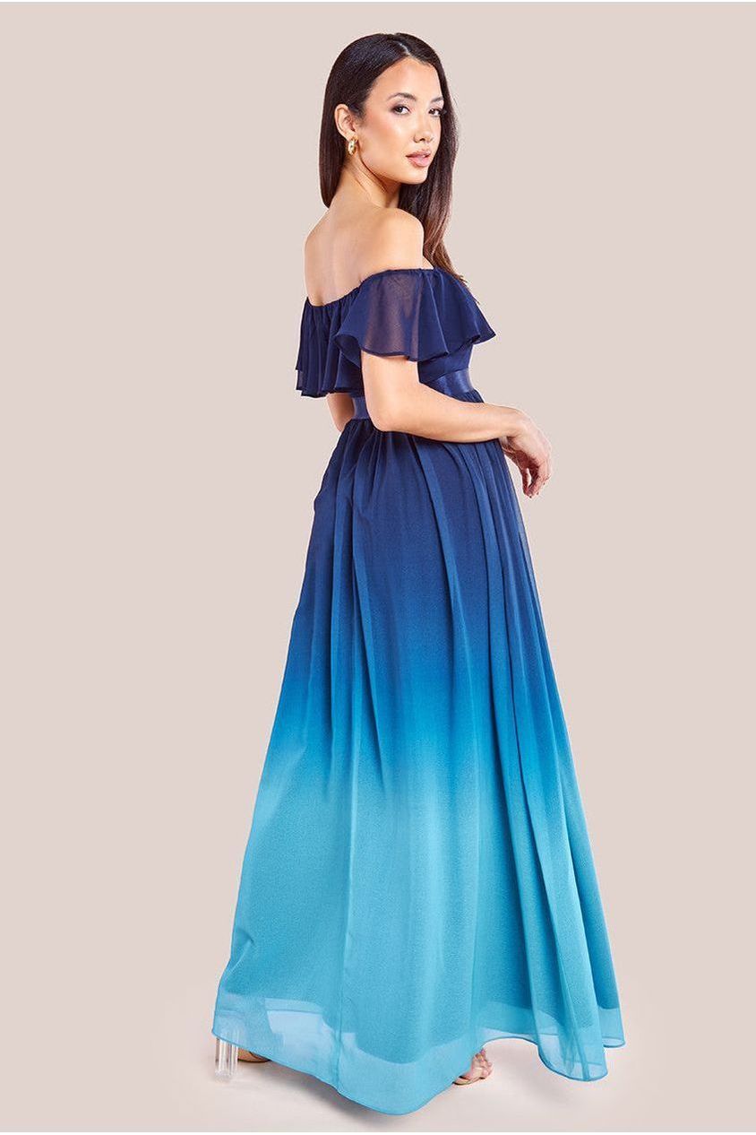 Ombre Chiffon Bardot Frill A-line Maxi Dress - Navy Ombre DR4238