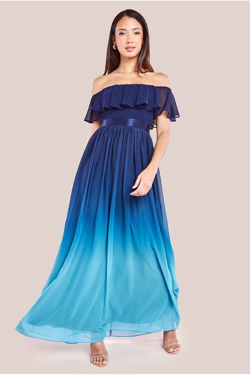 Ombre Chiffon Bardot Frill A-line Maxi Dress - Navy Ombre DR4238