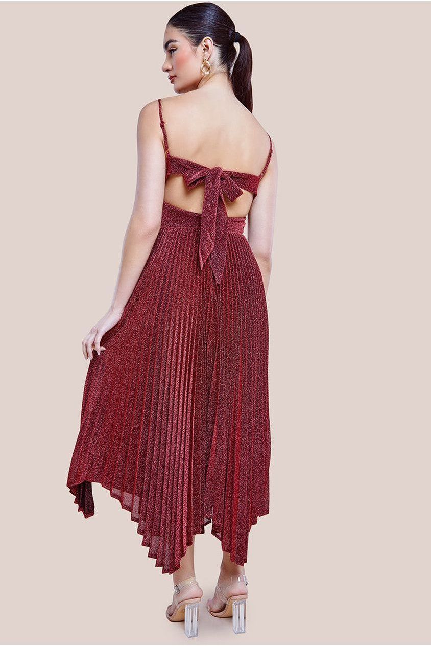 Tie Back Pleated Lurex Skater Midi Dress - Burgundy DR4246
