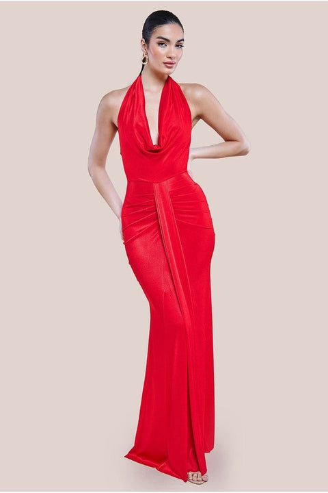 Open Back Cowl Neck Maxi Dress - Red by Goddiva