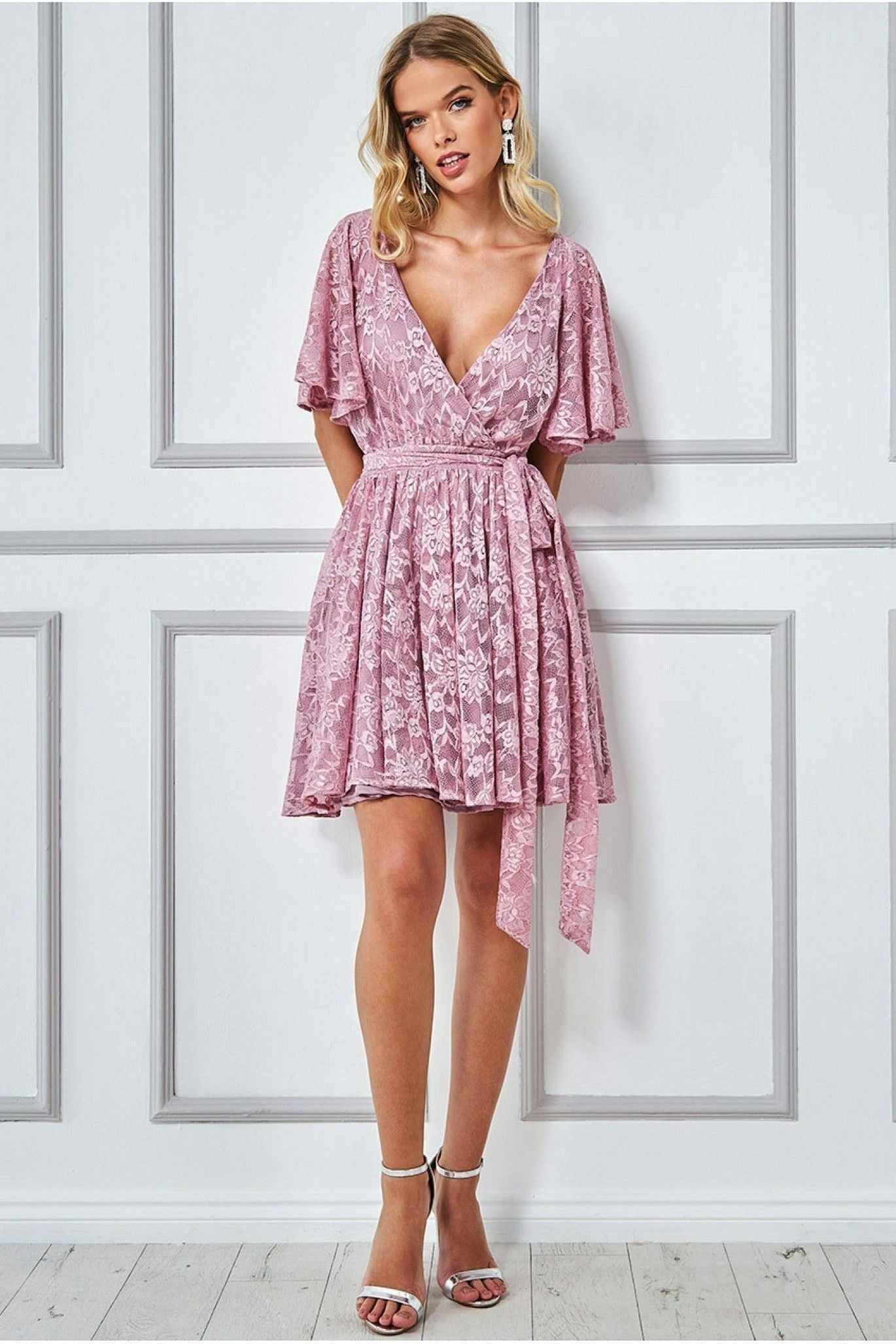 Lace Kimono Wrap Skater Mini Dress - Mauve DR2567A