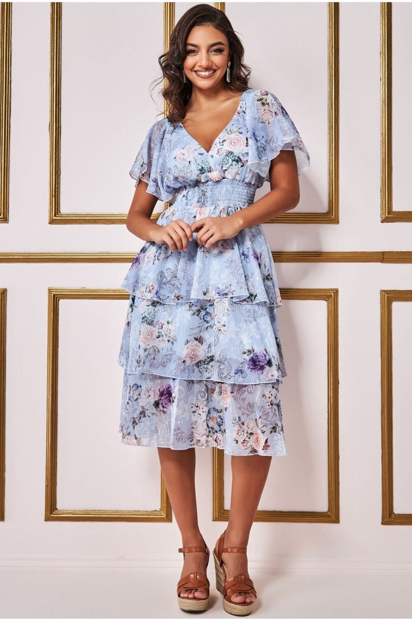 Layered Floral Midi Flutter Sleeves - Blue Floral DR3219