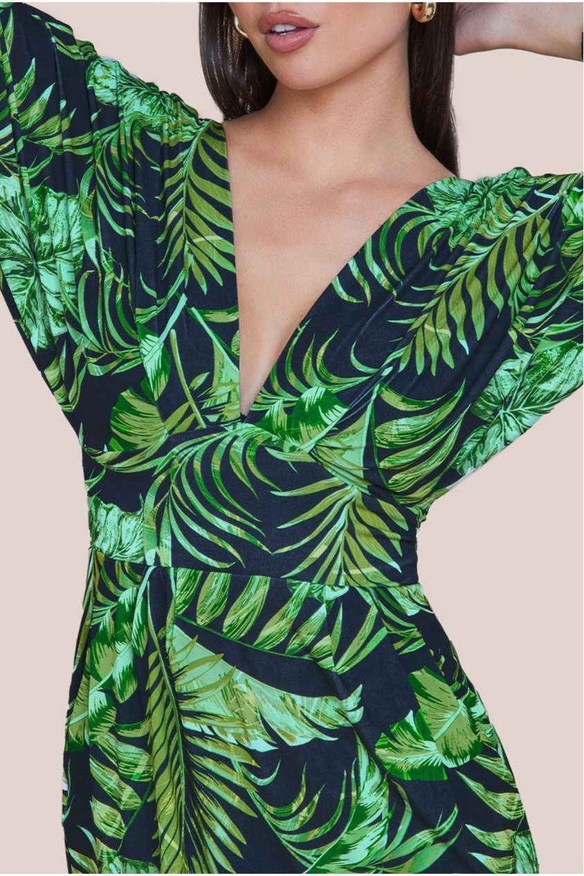 Tropical Print Midi With Batwing Sleeves - Green DR3662