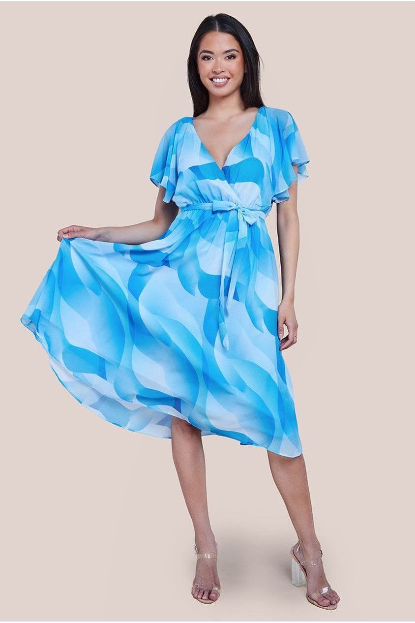 Printed Flutter Sleeve Chiffon Midi Dress - Light Blue DR4515