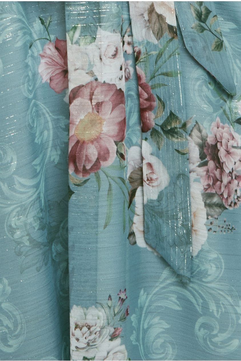 Printed Lurex A-Line Flutter Sleeve Midi Dress - Airforce Blue DR4516