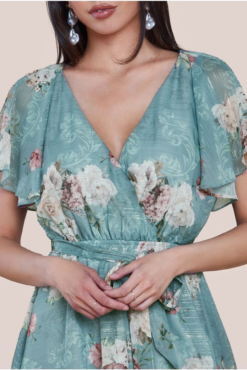 Printed Lurex A-Line Flutter Sleeve Midi Dress - Airforce Blue DR4516