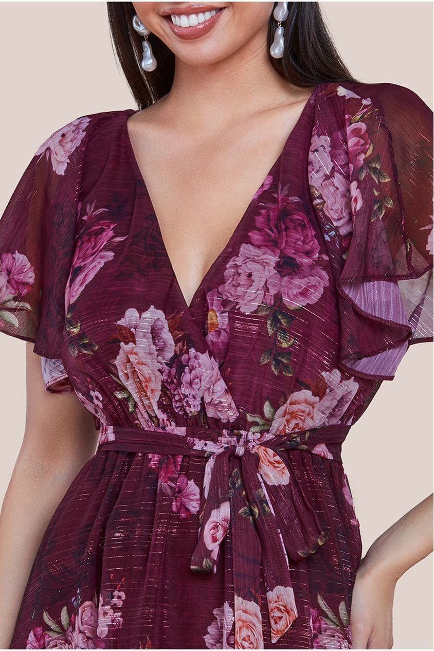 Printed Lurex A-Line Flutter Sleeve Midi Dress - Berry DR4516