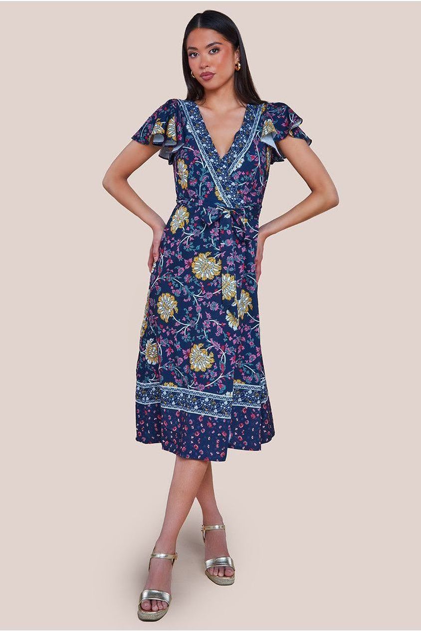 Floral Print Wrap Midi With Flutter Sleeves - Navy Print DR3440