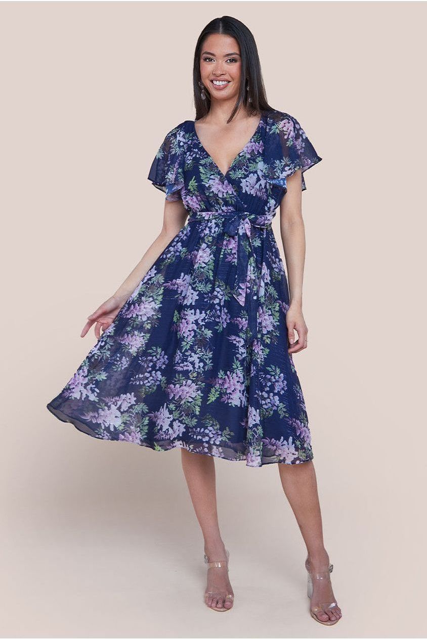 Printed Lurex A-Line Flutter Sleeve Midi Dress - Navy Blue DR4516