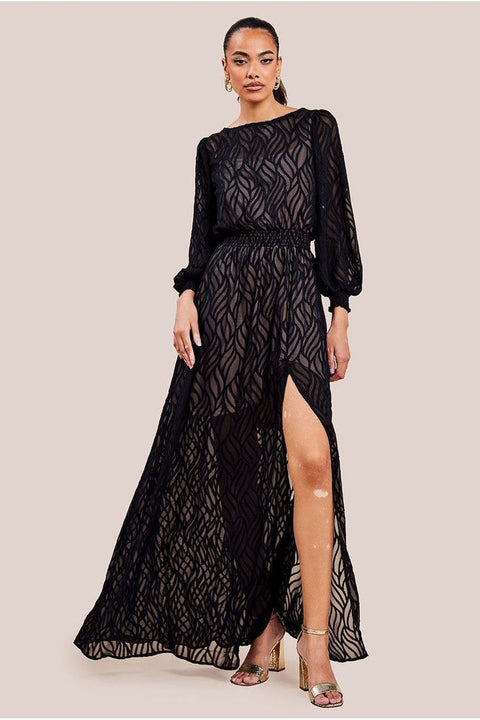 Chiffon Geo-Wave Front Split Maxi Dress - Black by Goddiva