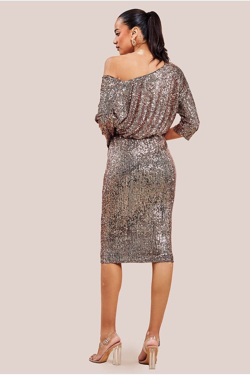 Sequin Cowl Neck Midi Dress - Champagne DR3321A