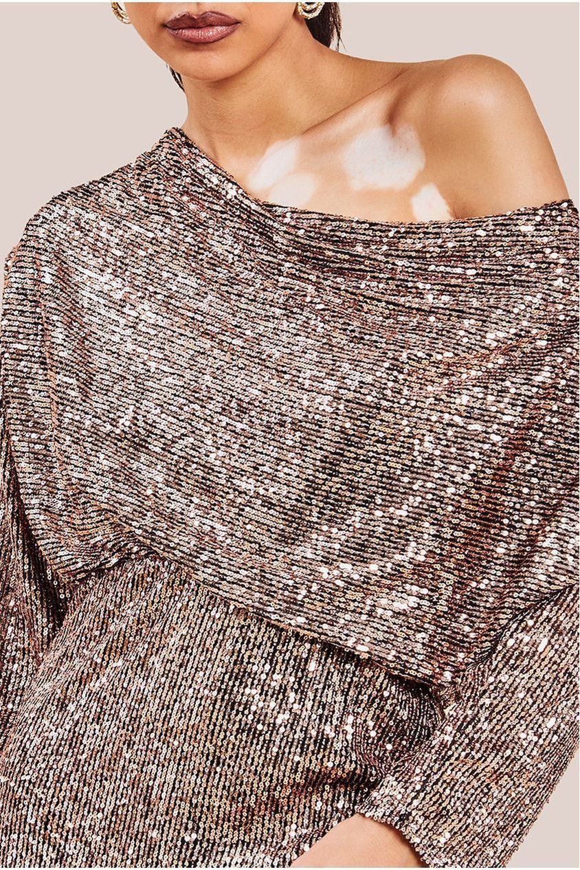 Sequin Cowl Neck Midi Dress - Champagne DR3321A