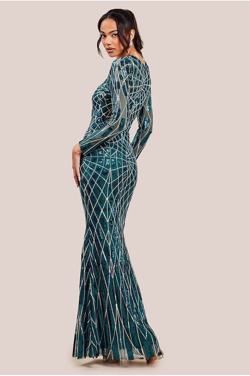 Geo Sequin Long Sleeve Maxi Dress - Emerald DR3495