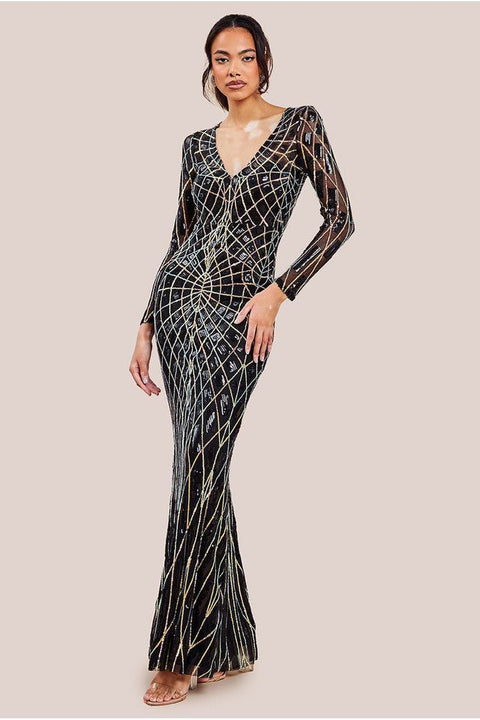 Geo Sequin Long Sleeve Maxi Dress - Black by Goddiva
