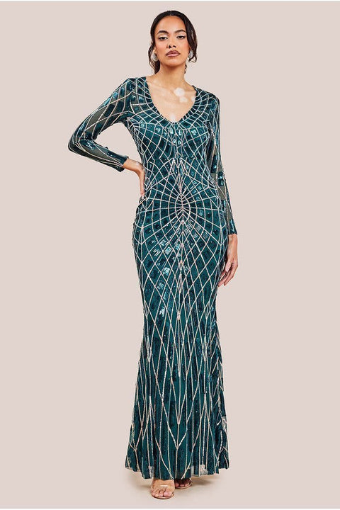 Geo Sequin Long Sleeve Maxi Dress - Emerald by Goddiva