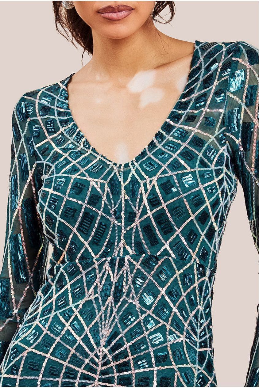 Geo Sequin Long Sleeve Maxi Dress - Emerald DR3495