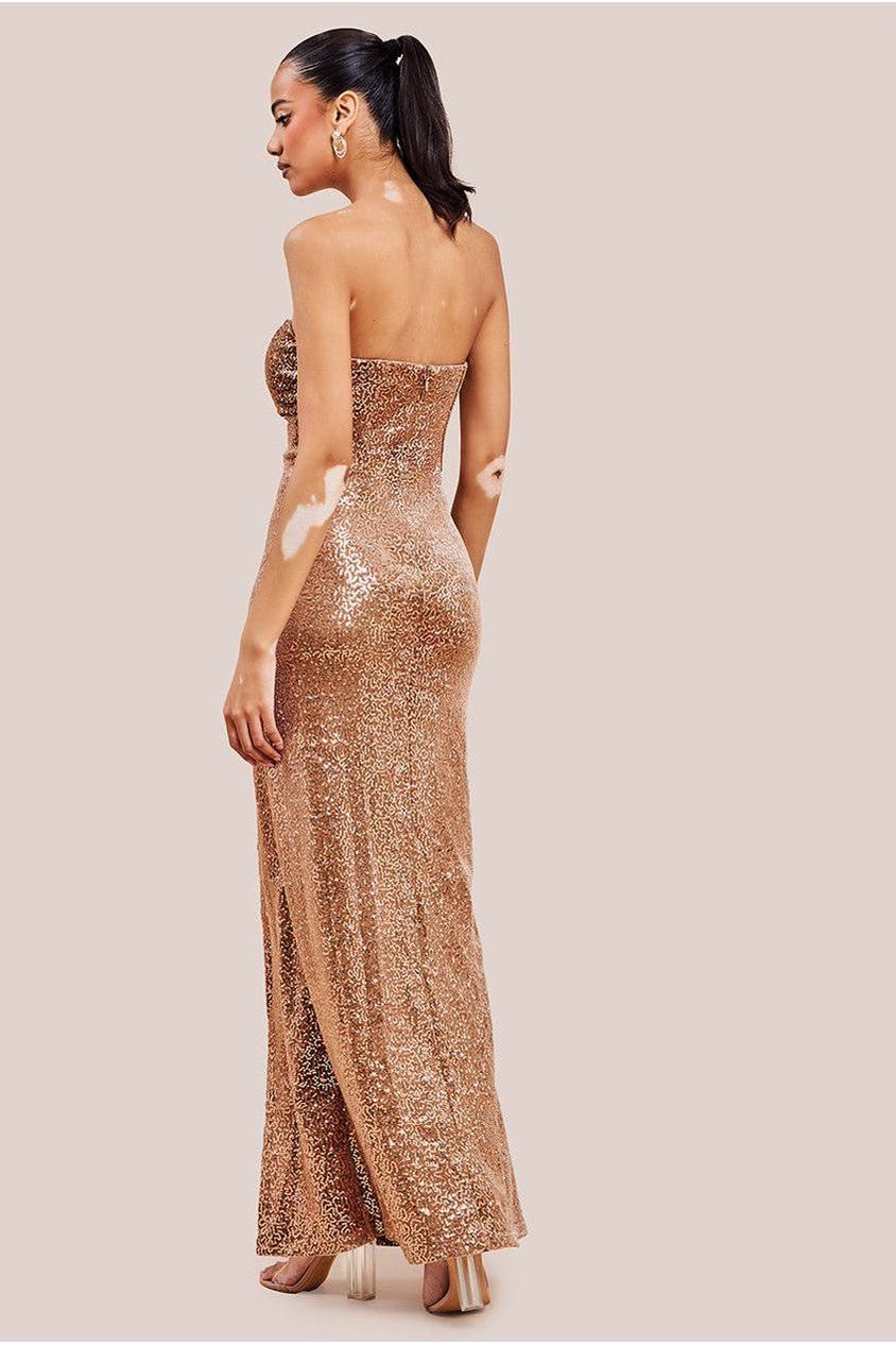 Sequin Velvet Bandeau Maxi Dress - Champagne DR3610