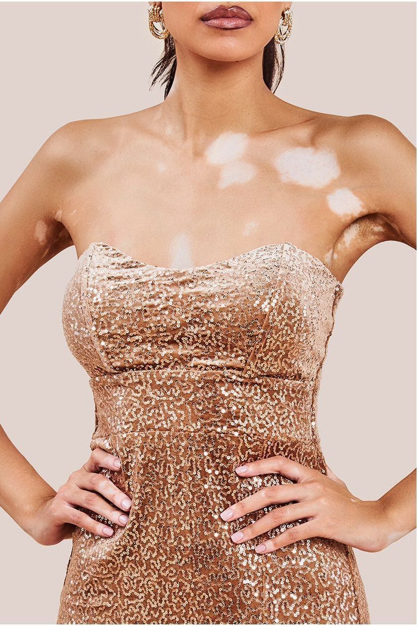 Sequin Velvet Bandeau Maxi Dress - Champagne DR3610