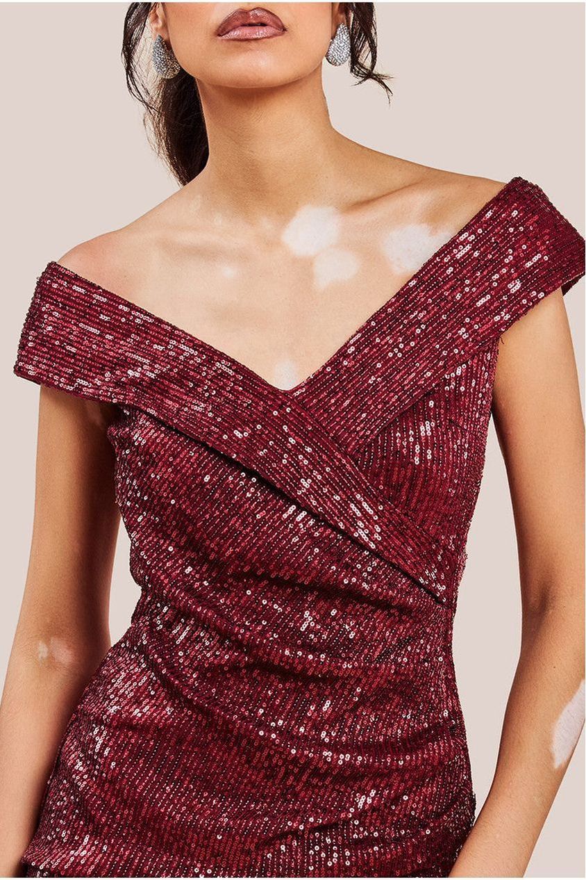 Bardot Sequin Pleated Maxi Dress - Wine DR3643A