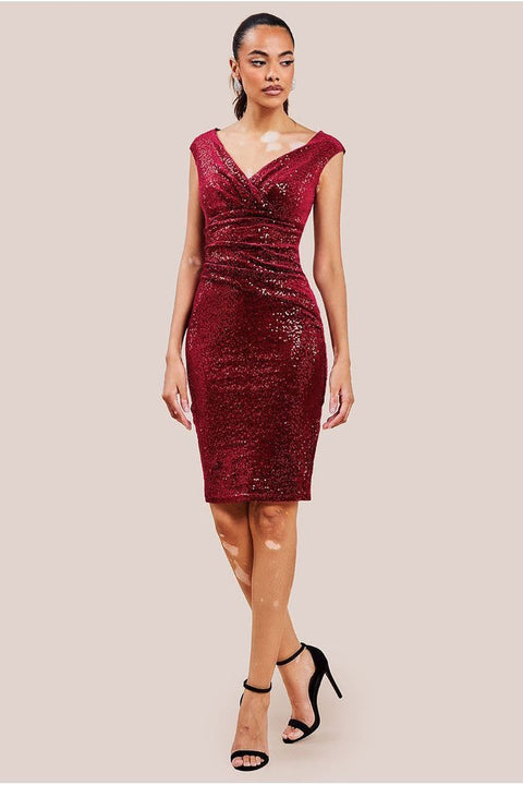 Sequin & Velvet Bardot Midi Dress - Wine by Goddiva