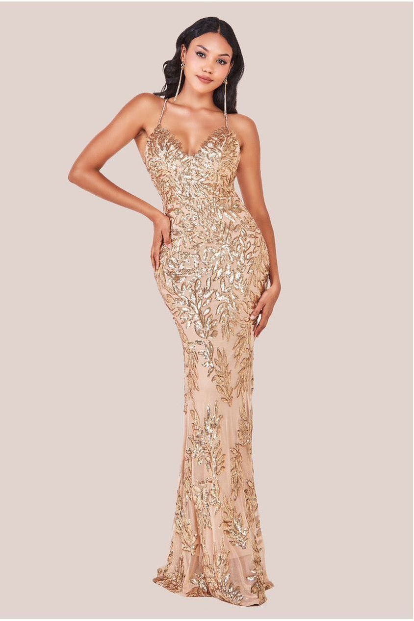 Cross Back Diamante Strap Sequin Maxi - Gold DR4009