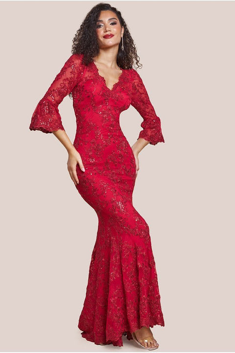 Scalloped Lace Maxi Dress - Red by Goddiva