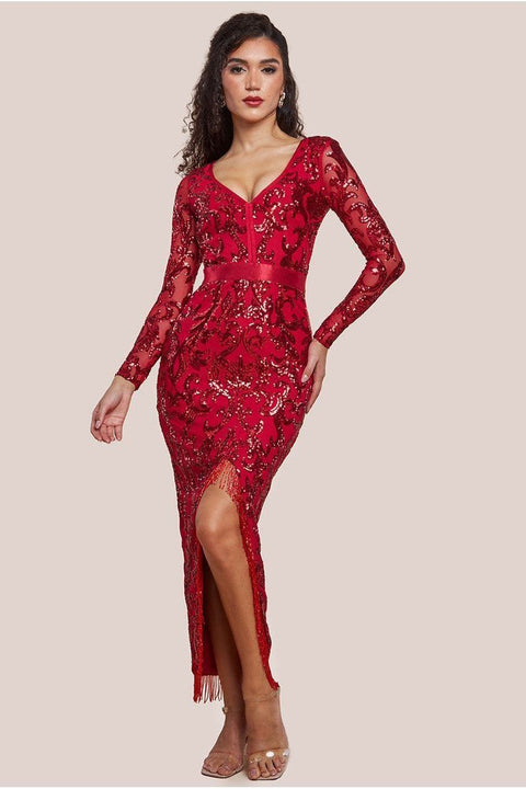 Tassel & Sequin Midaxi With Front Split - Red by Goddiva