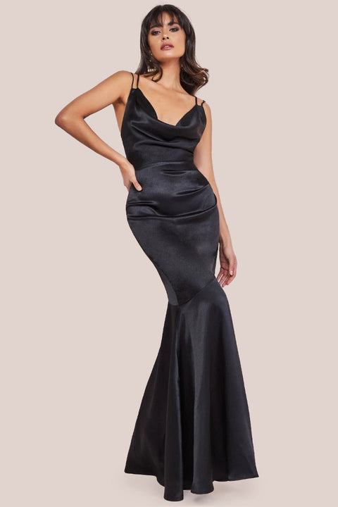 Cowl Neck With Strappy Back Satin Maxi - Black by Goddiva