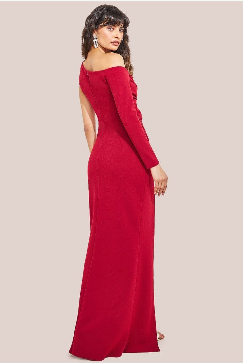 One Shoulder Front Split Scuba Maxi - Wine DR3518