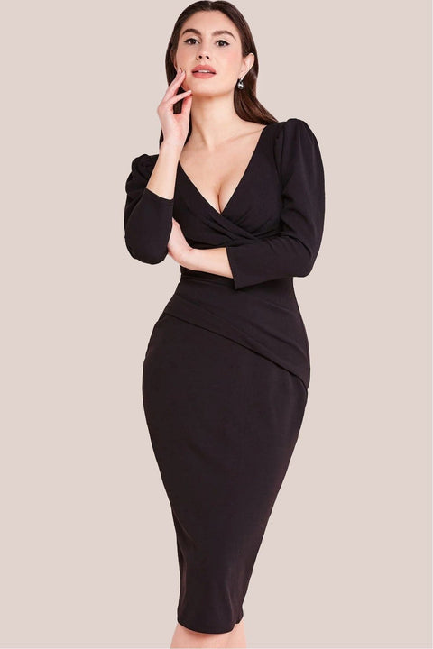 Front Wrap Pleated Scuba Midi Dress - Black by Goddiva