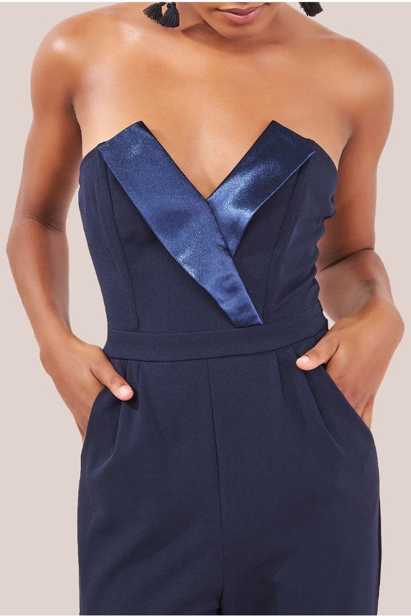Satin Collar Scuba Jumpsuit - Navy TR299