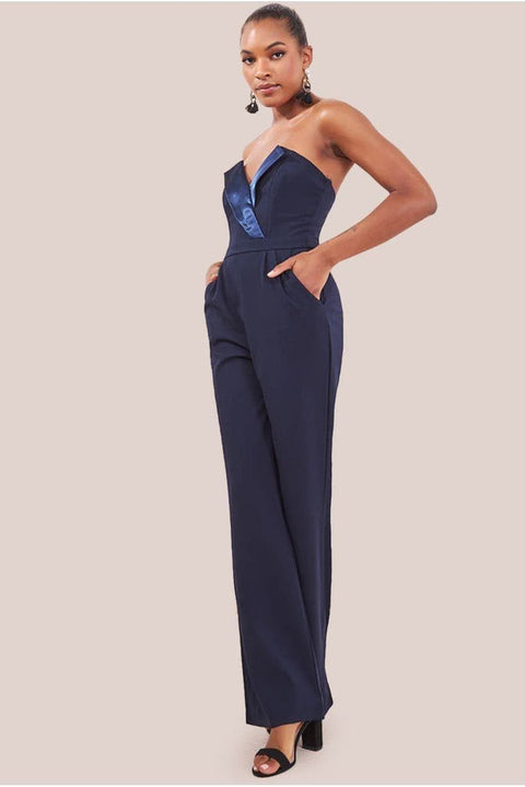 Satin Collar Scuba Jumpsuit - Navy by Goddiva