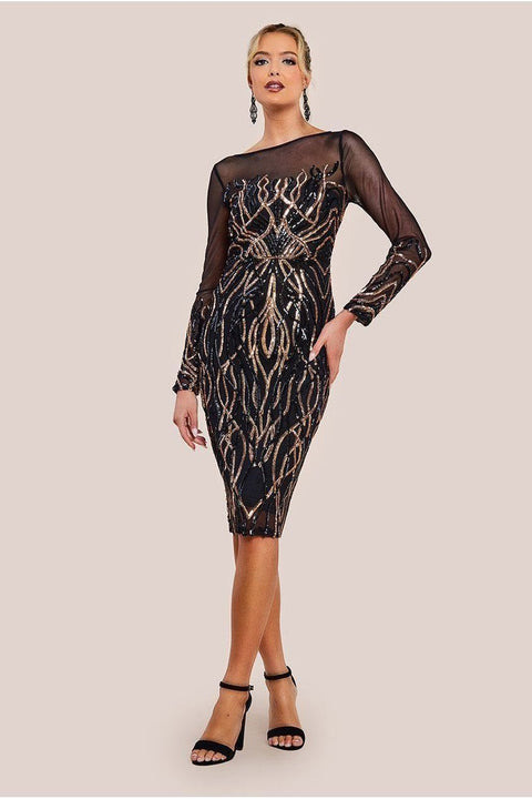 Long Sleeve Sequin Flame Midi Dress - Black by Goddiva