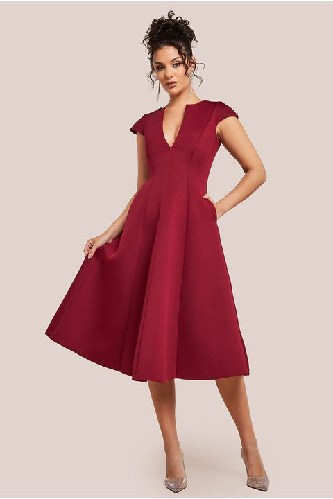 Cap Sleeve Plunging V-Neckline A-line Midi Dress - Wine by Goddiva