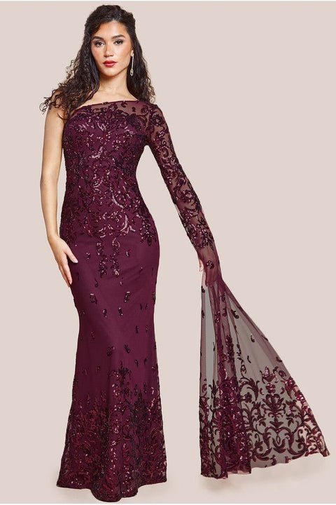Sequin Mesh One Shoulder Evening Maxi - Burgundy by Goddiva
