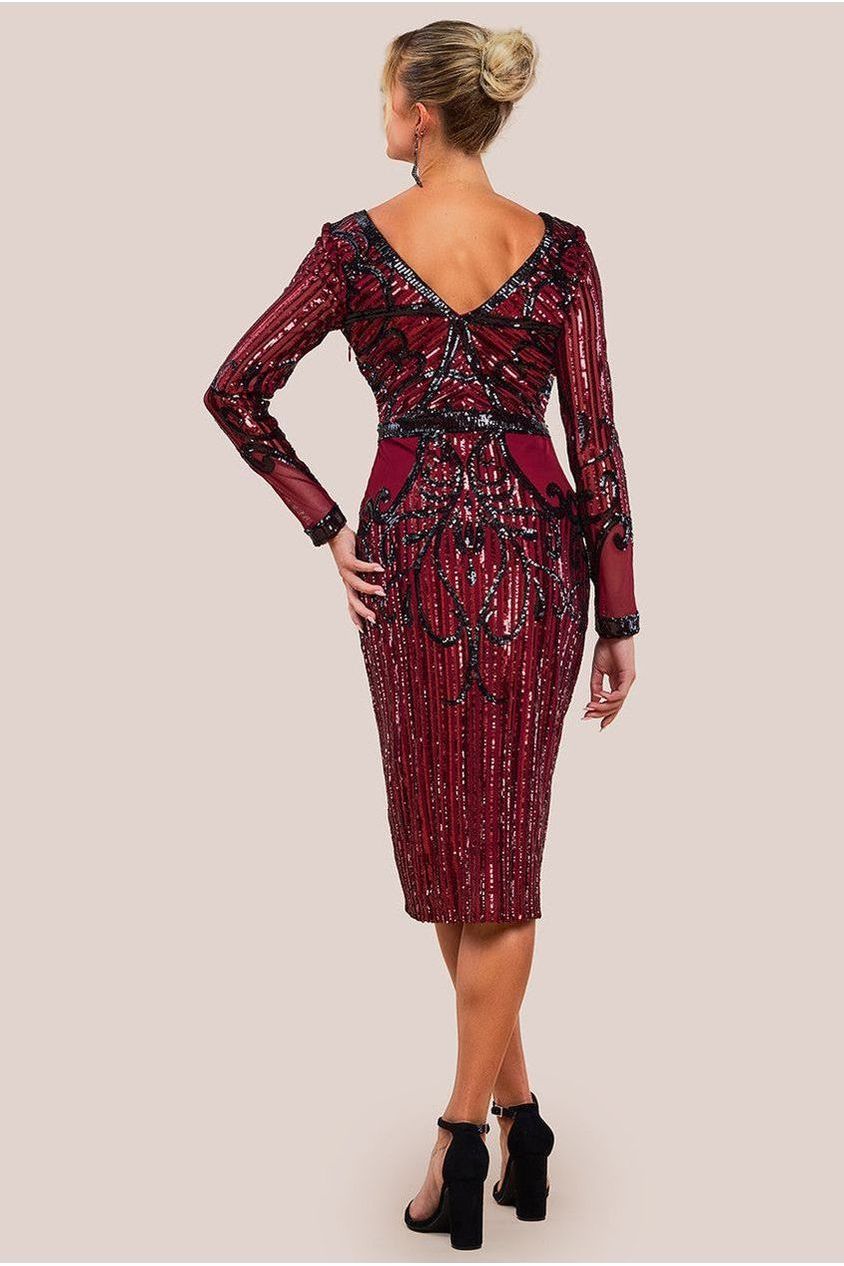 Sequin & Mesh Embroidered Midi Dress - Wine DR3234