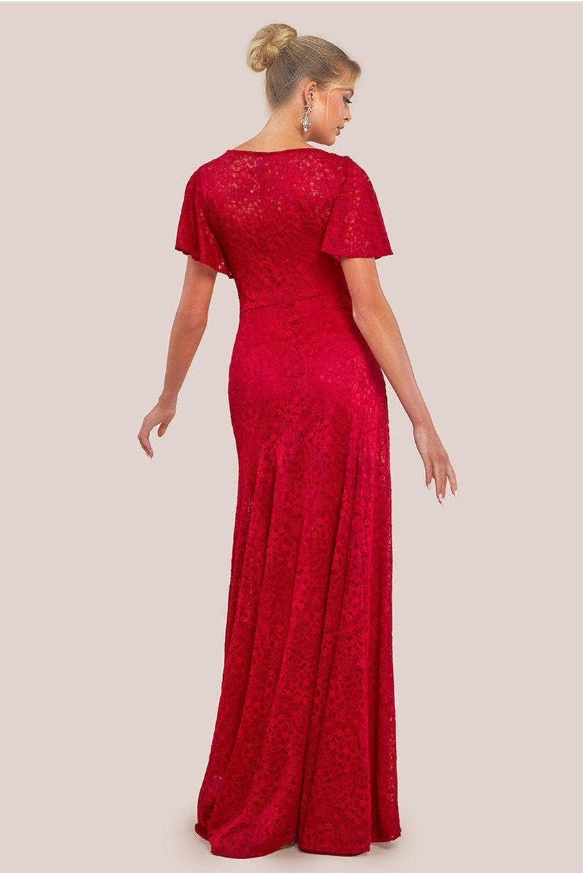 Flutter Sleeve Lace A-Line Maxi Dress - Red DR4361