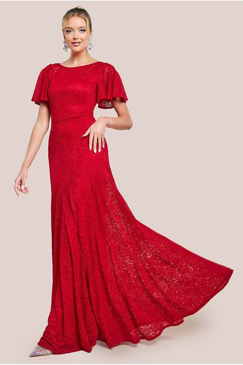 Flutter Sleeve Lace A-Line Maxi Dress - Red DR4361